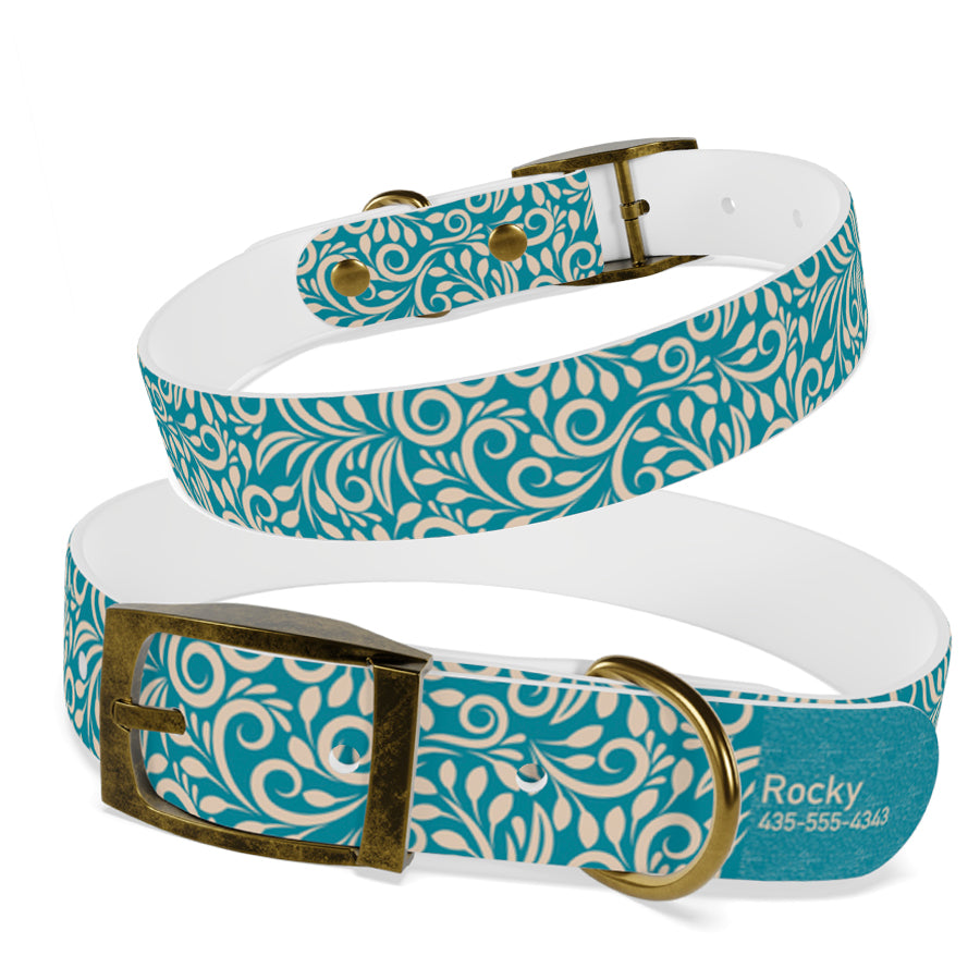 Personalized Blue Pattern Floral Dog Collar | Antimicrobial, Waterproof & Odor Resistant
