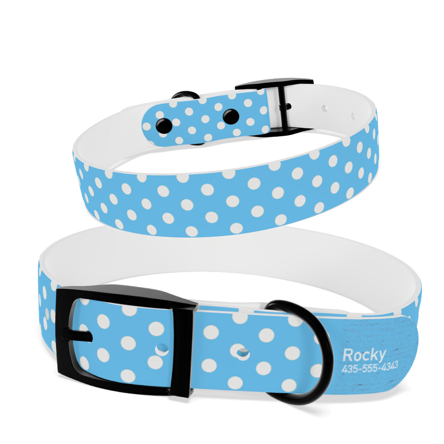 Personalized Blue Polka Dot Dog Collar | Antimicrobial, Waterproof & Odor Resistant
