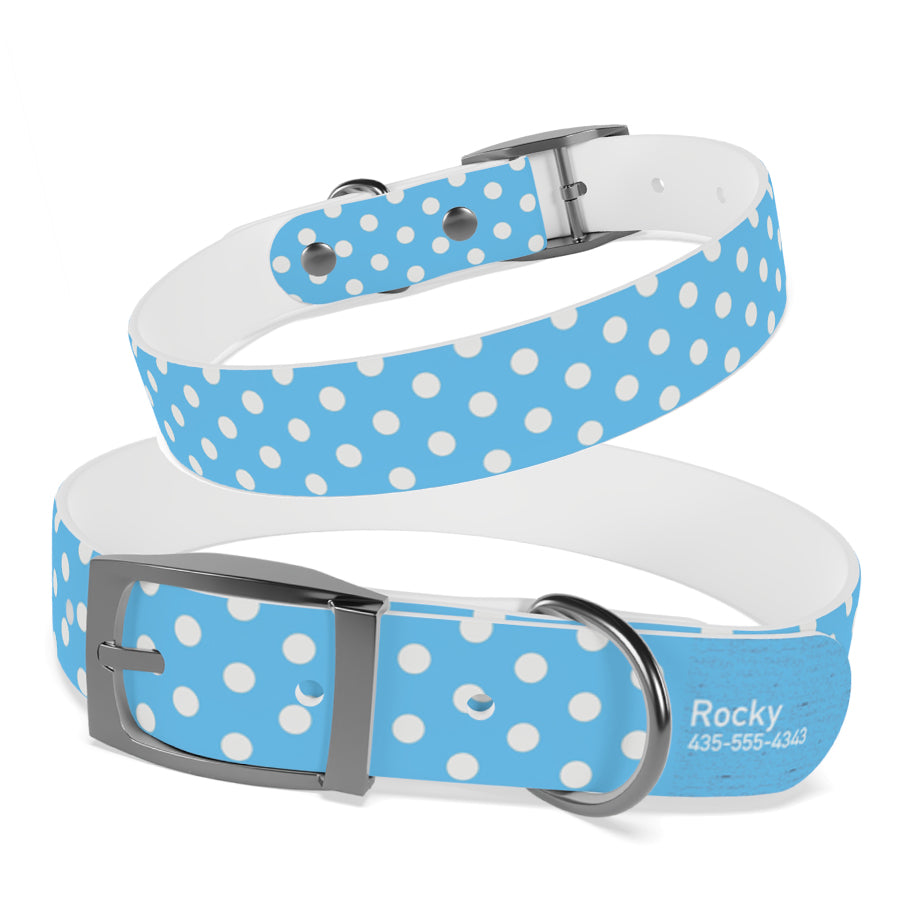 Personalized Blue Polka Dot Dog Collar | Antimicrobial, Waterproof & Odor Resistant